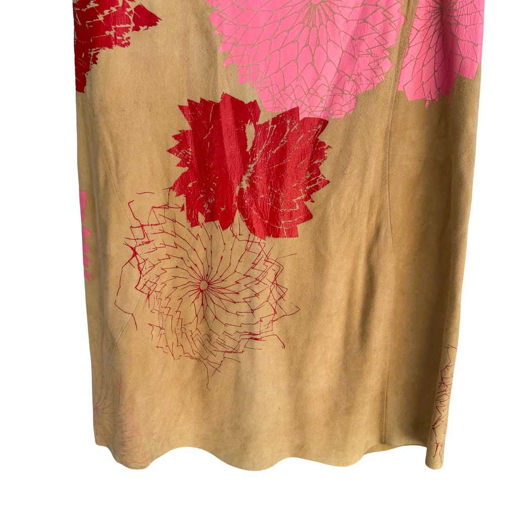 DKNY Y2K Boho Suede Leather Midi Skirt Painted Floral Graphic Artsy Tan Womens 4